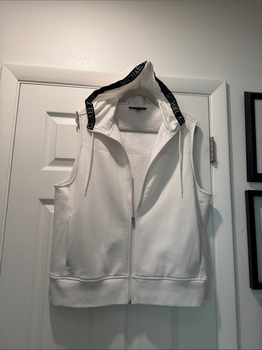 Michael Kors White Sleeveless Hooded Zip-Up Vest with Black Logo Trim